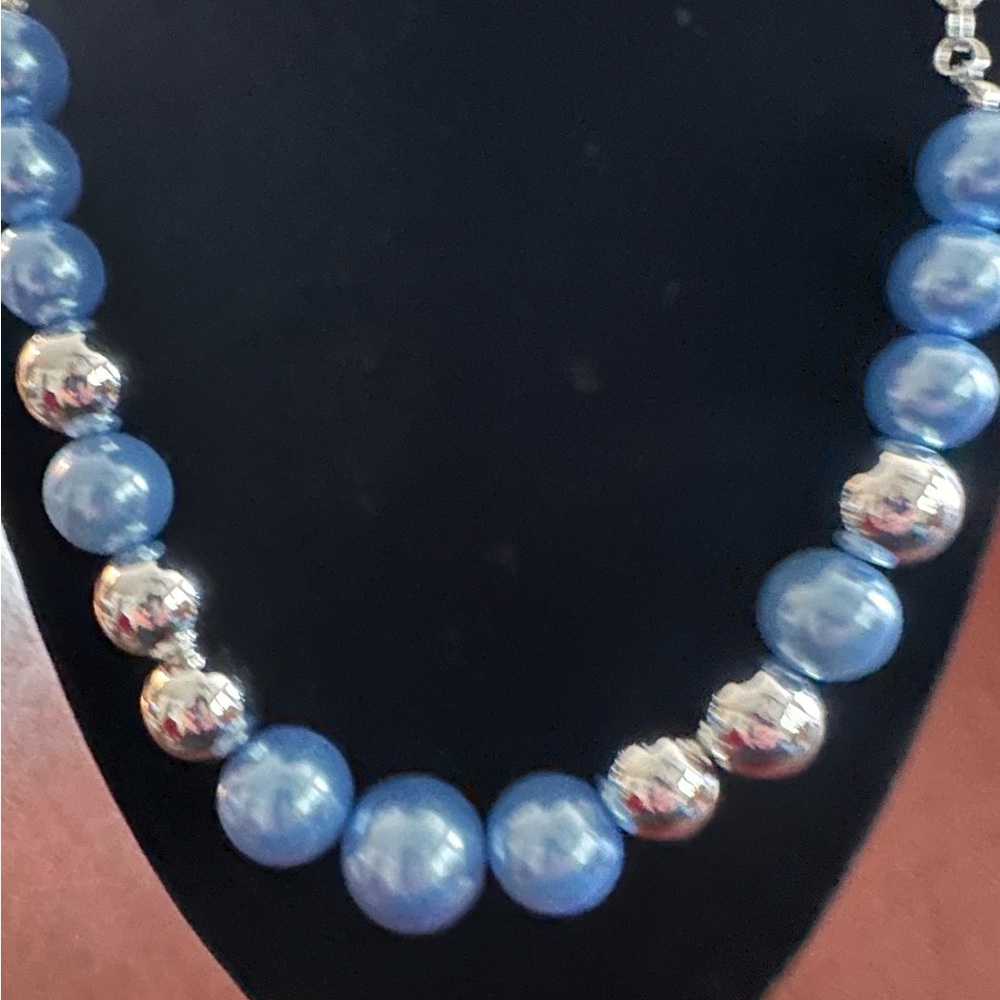 Elegant Blue and Silver Beaded Necklace and Earrings